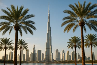 A stunning view of Dubai's skyline with the Burj Khalifa and palm trees