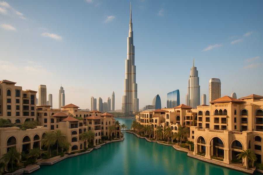 Iconic Dubai skyline with Burj Khalifa and luxury resorts