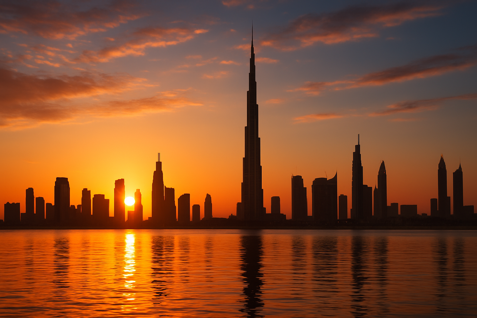 Dubai skyline with Burj Khalifa at sunset